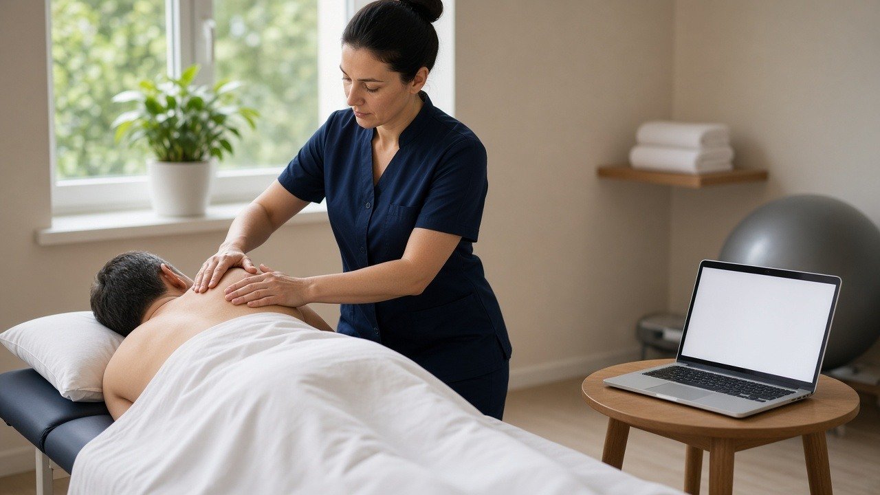 Physiotherapist treating a patient's shoulder in clinic