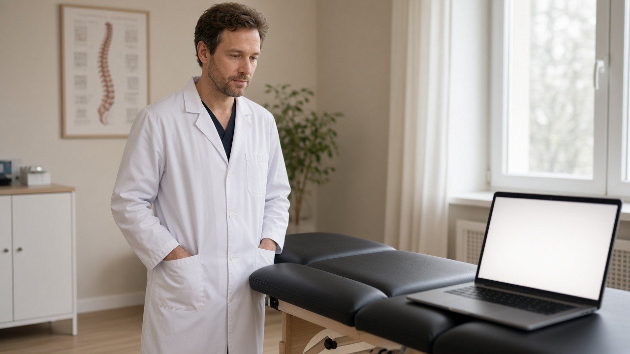 Clinician with laptop beside a treatment table