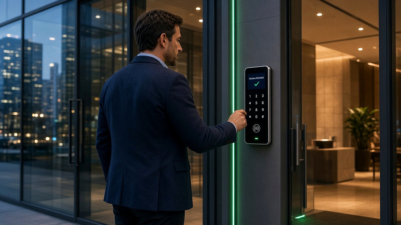Person unlocking a glass office door on a smart PIN keypad