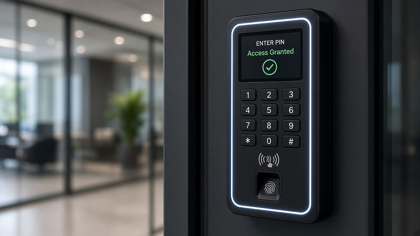 Close-up of a smart door PIN keypad showing Access Granted