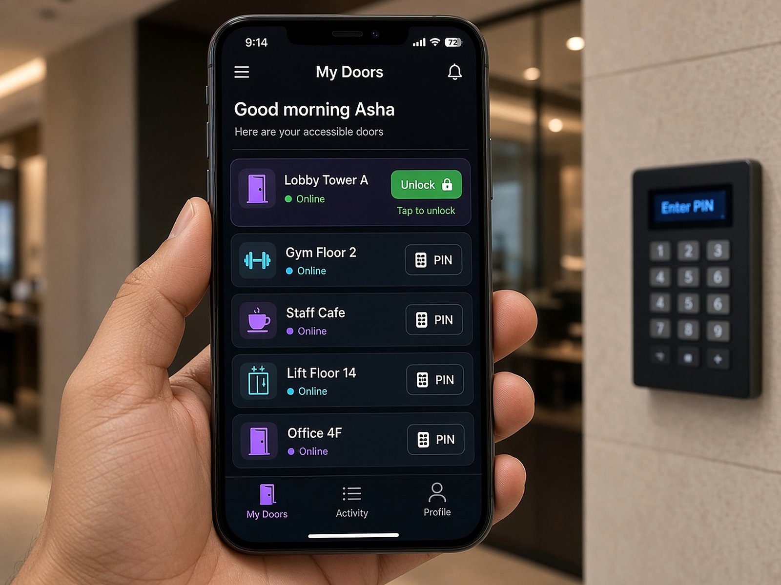 Phone held in a lobby beside a wall PIN reader