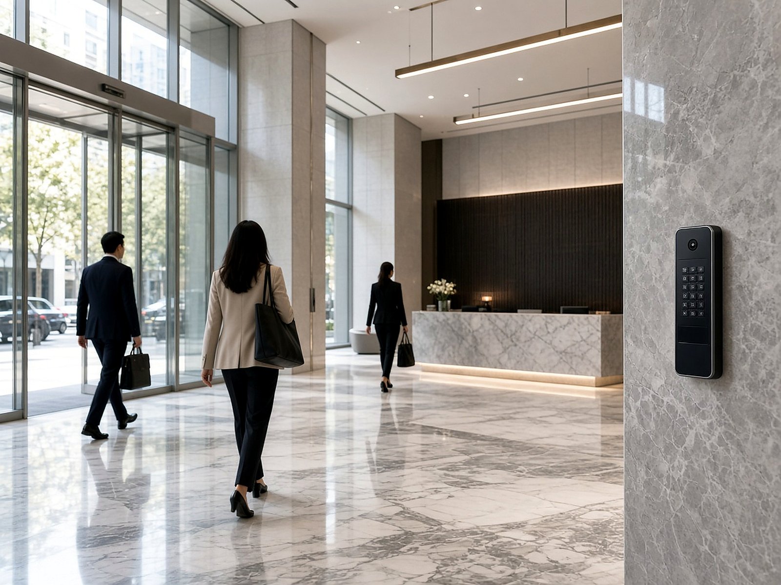 Luxury office building lobby with smart access at the glass entrance