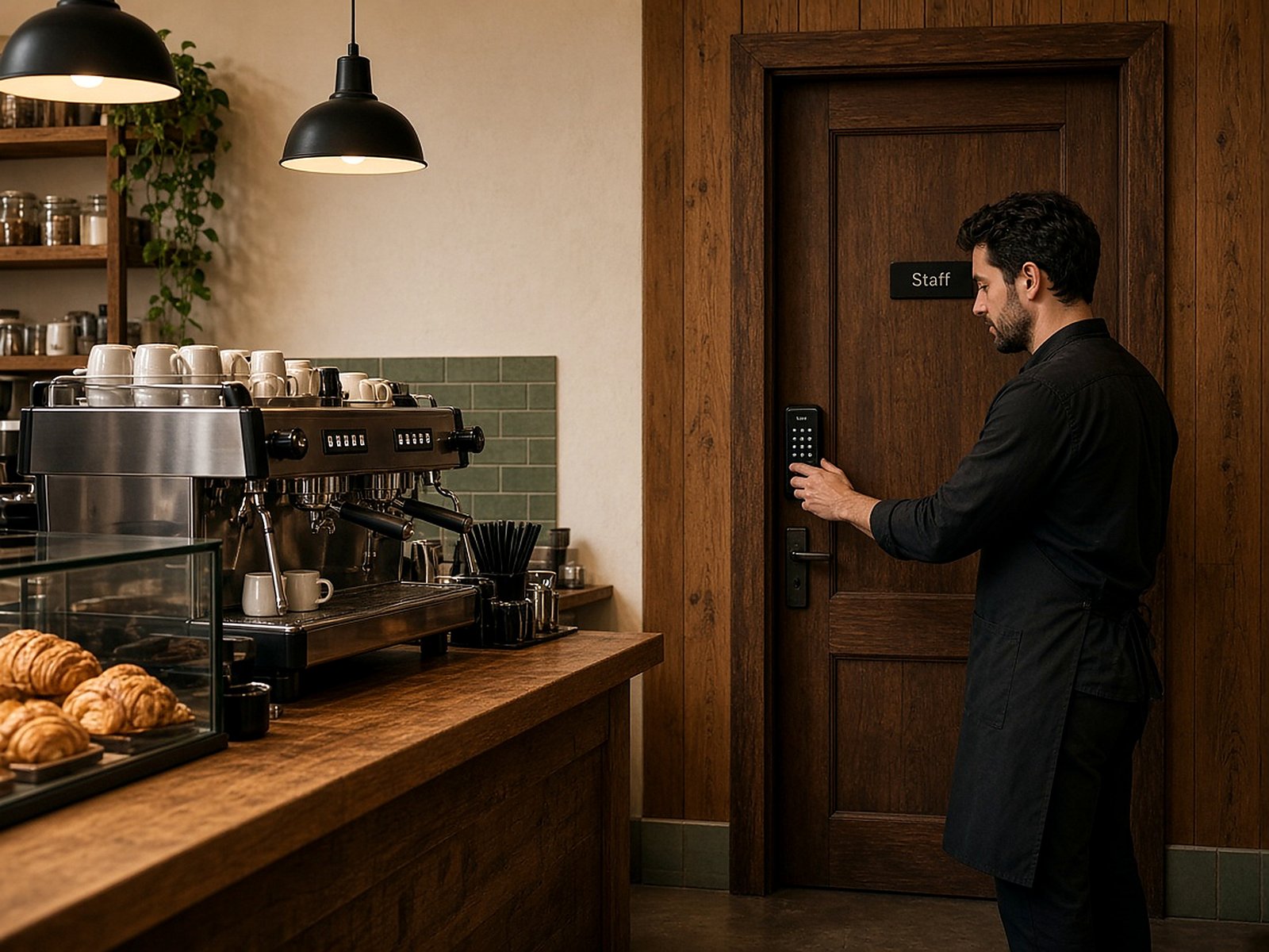 Cafe interior with barista and staff-only door PIN lock beside the coffee bar
