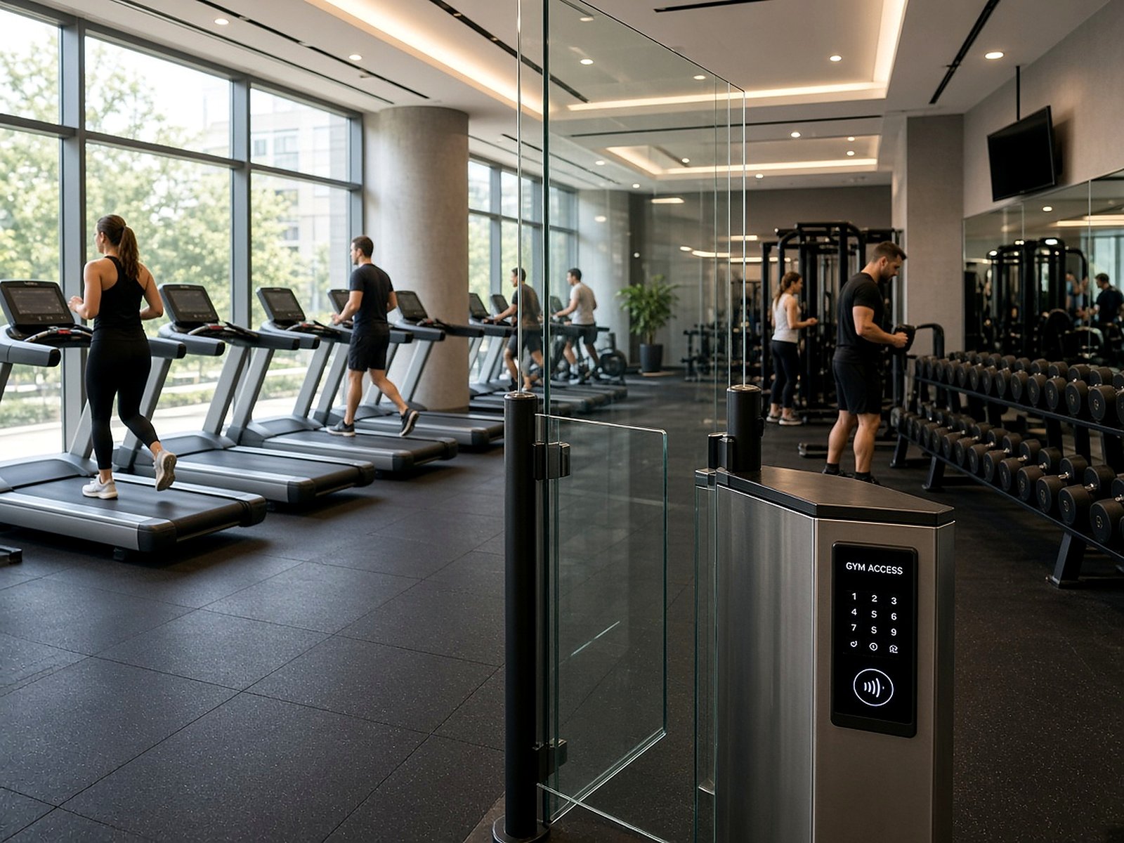 Real commercial gym interior with treadmills and access control at the door