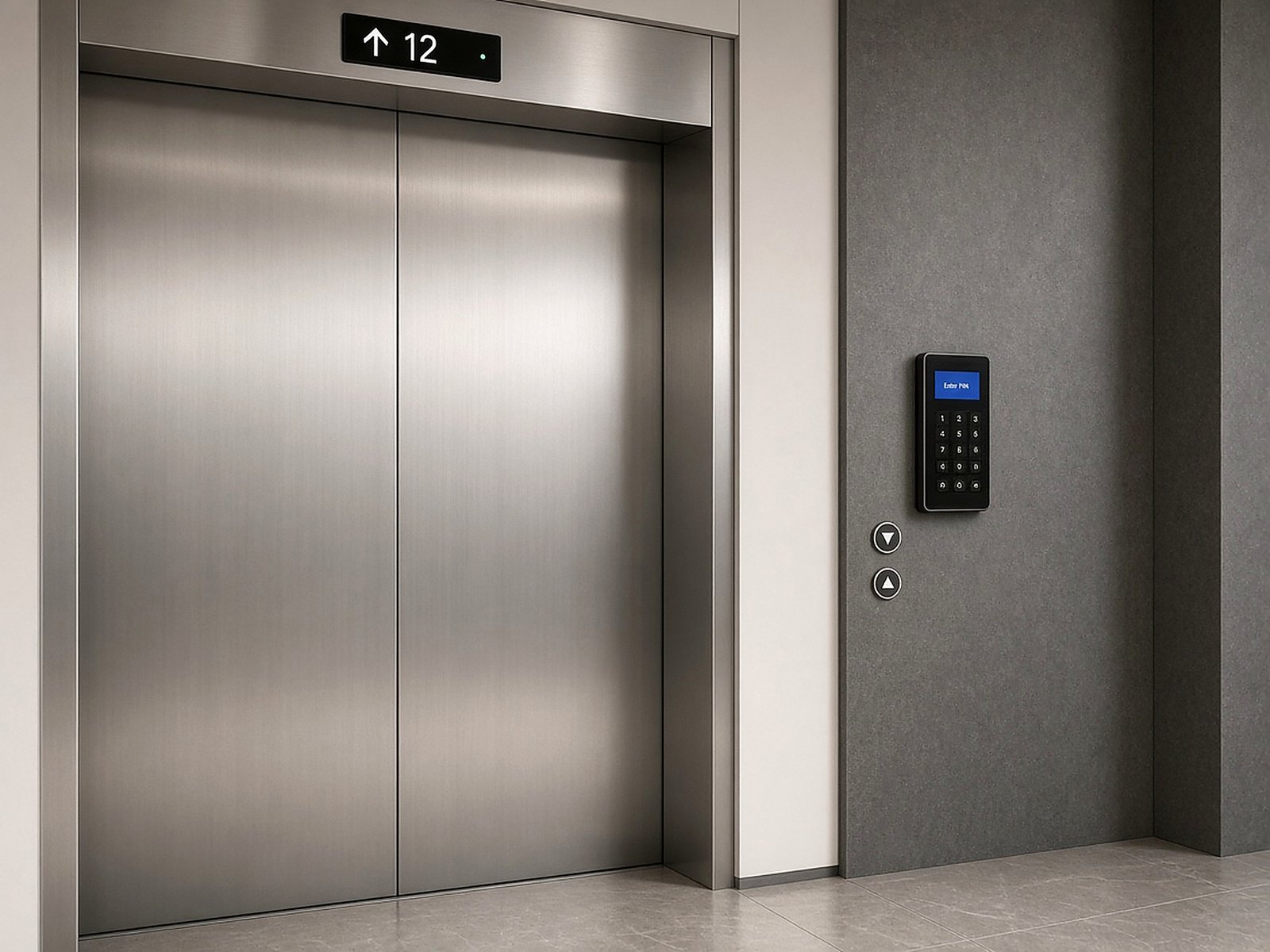 Modern elevator lobby with PIN reader next to lift call buttons