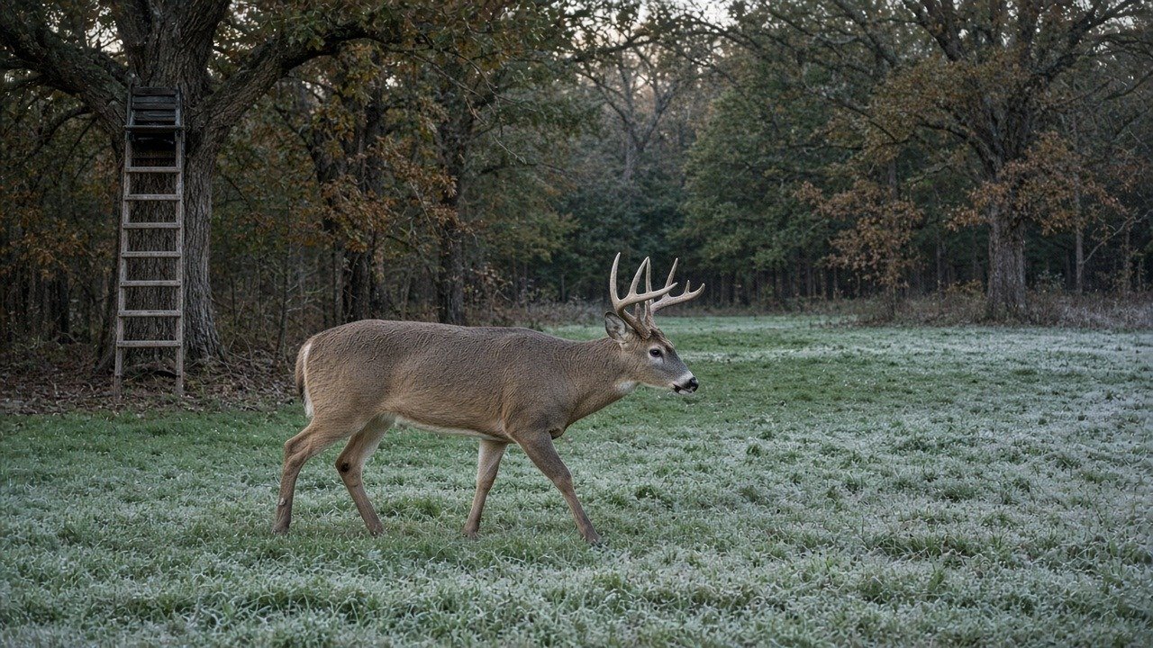 Whitetail buck in a Midwest food plot at dawn, timber and a ladder stand on the edge