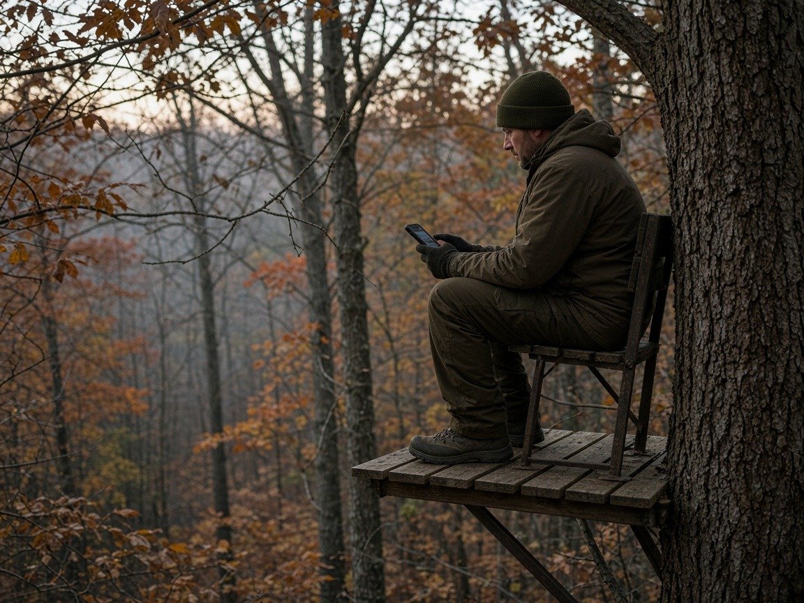 Hunter checking a phone from a tree stand at first light