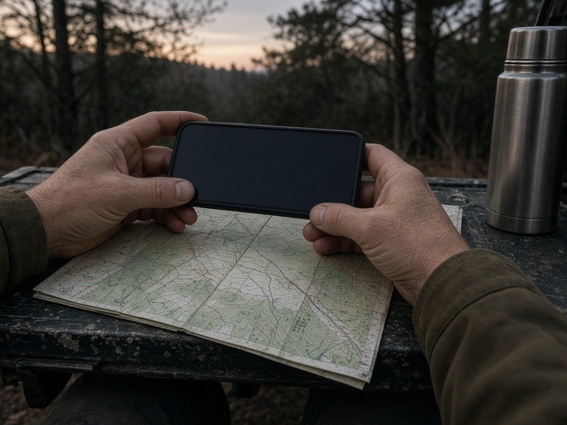 Hunter planning a sit with a phone and a paper map at dawn