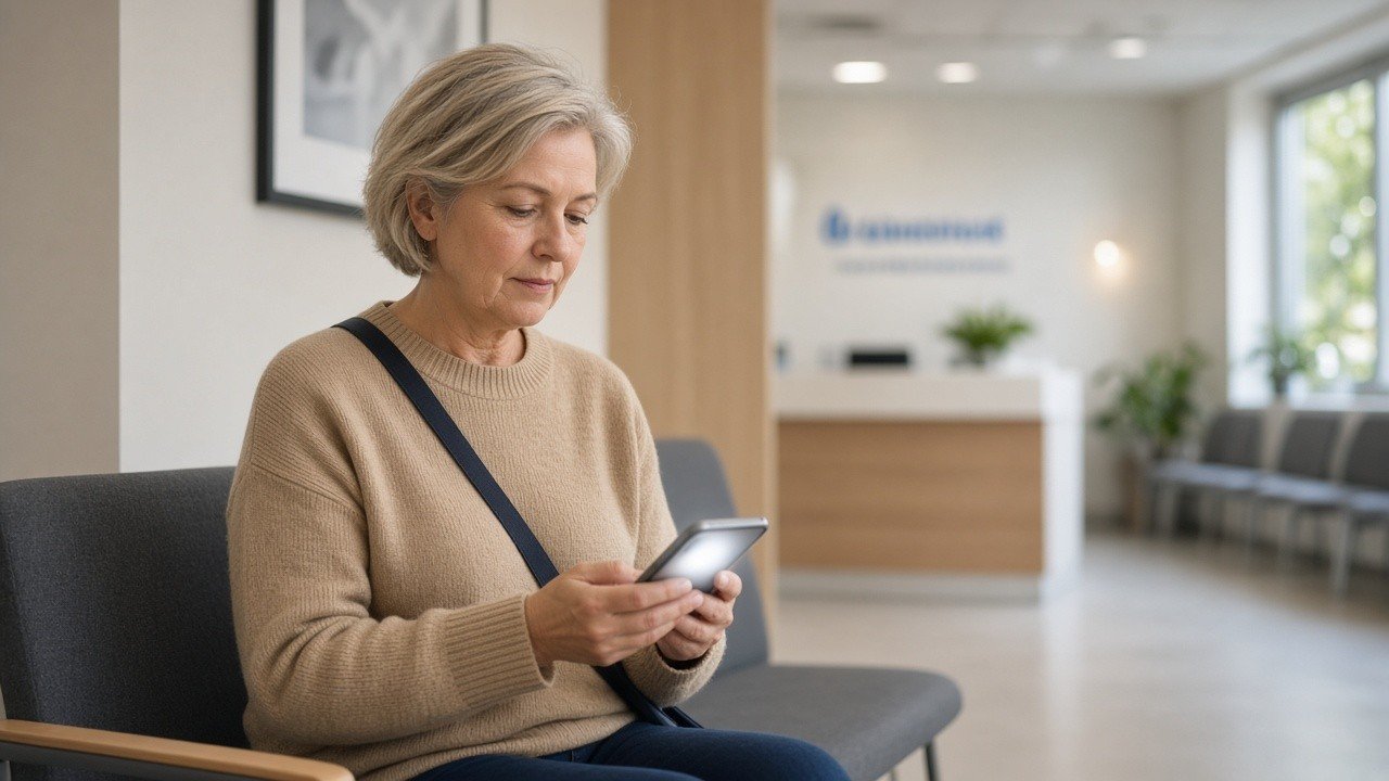 Patient in a waiting room using a phone