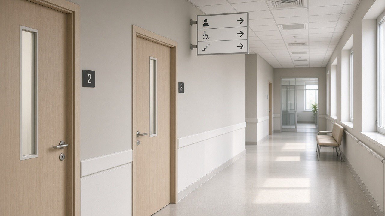 Outpatient clinic corridor with multiple rooms