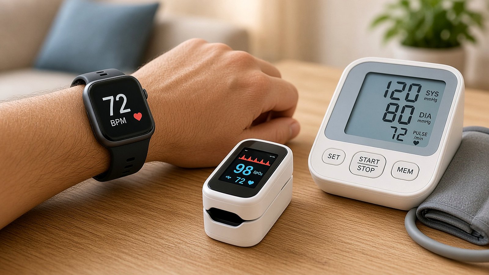 Wearable watch, pulse oximeter, and blood pressure cuff on a table