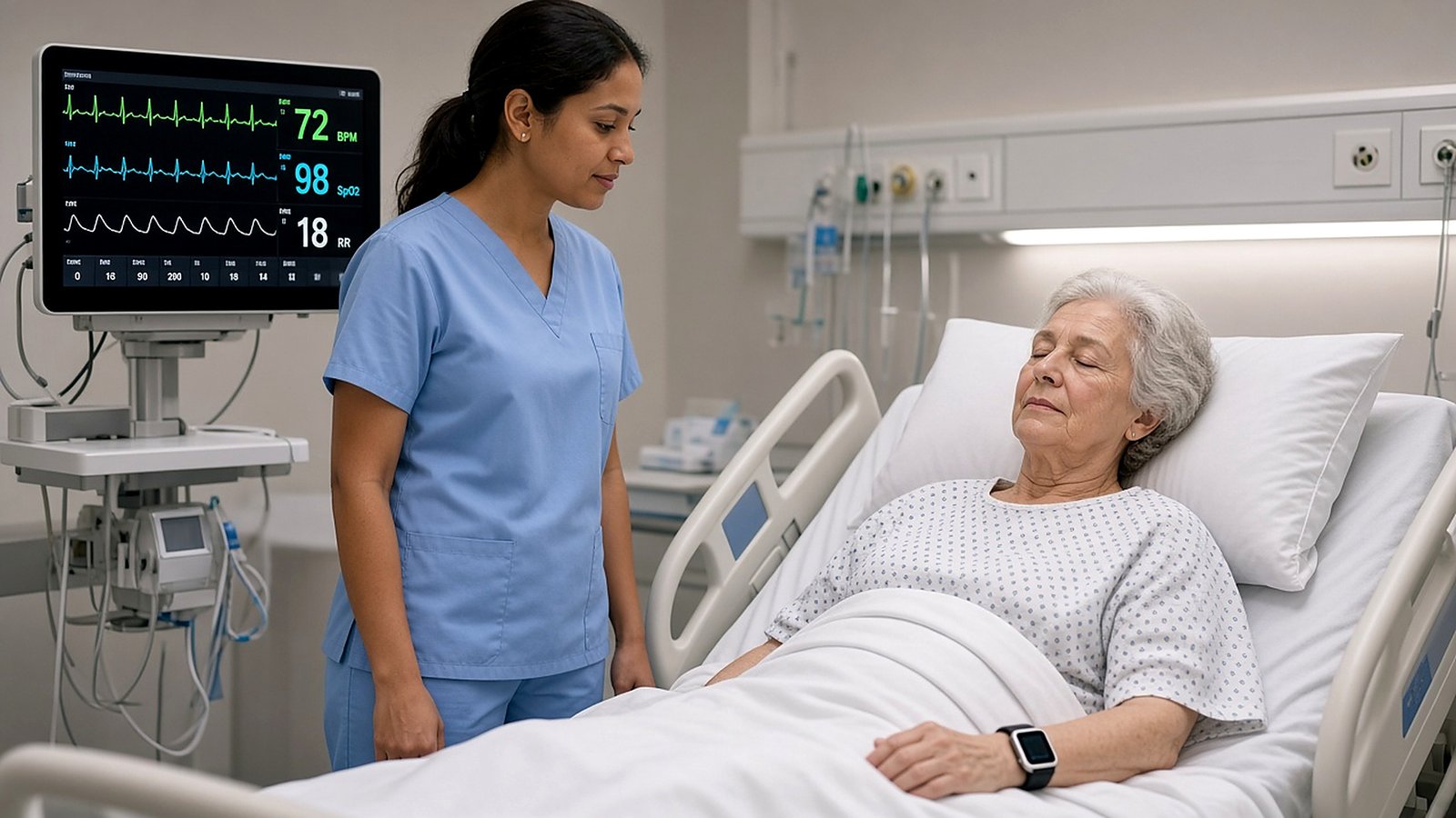 Nurse at a hospital bedside with a vital-signs monitor and patient wearable