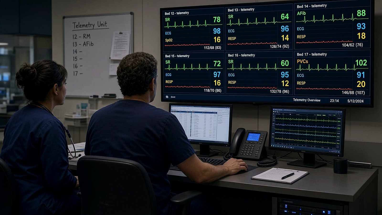 Hospital telemetry operations desk with live vital monitors