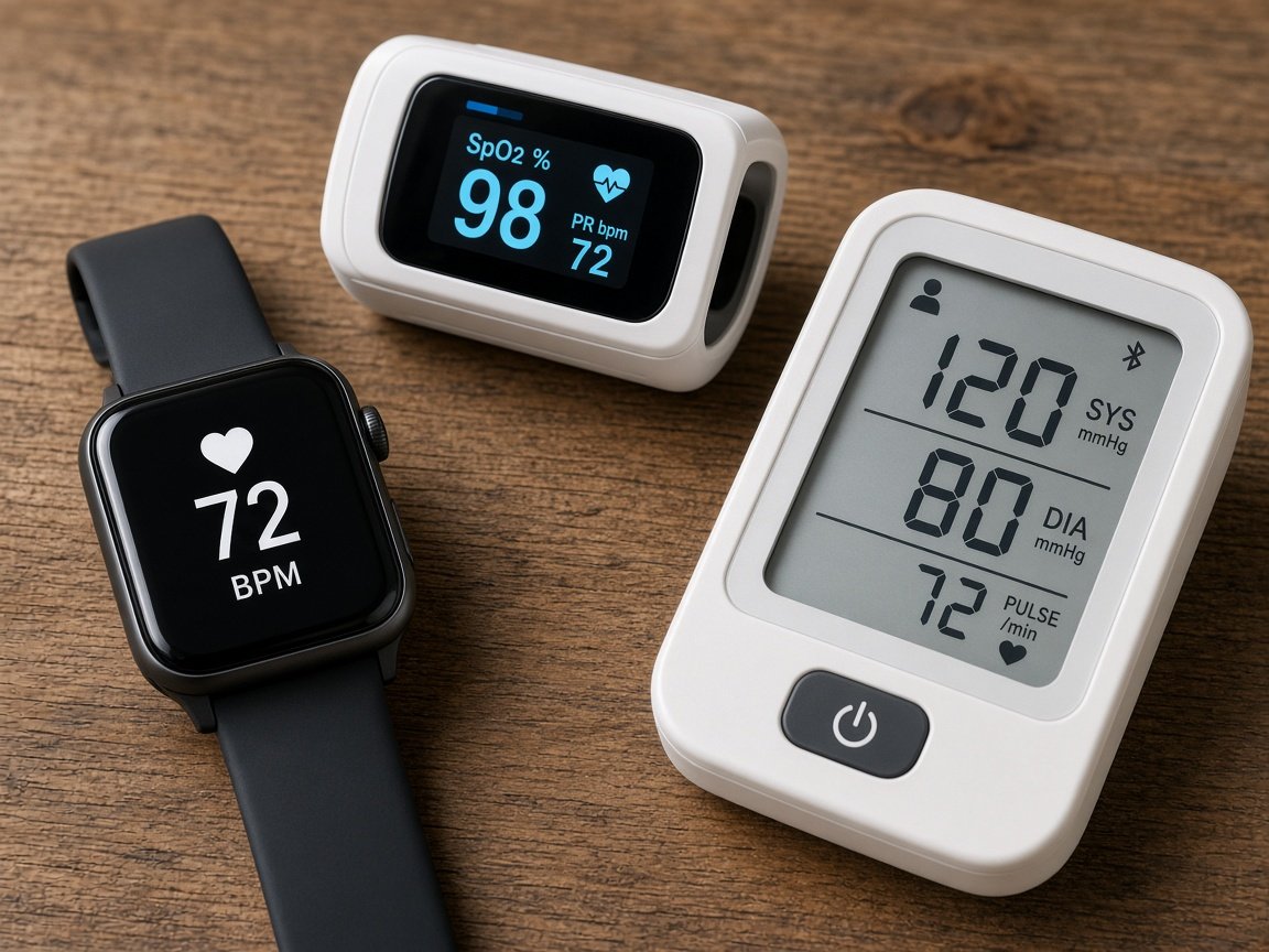 Sharp close-up of wearable, pulse oximeter, and blood pressure monitor