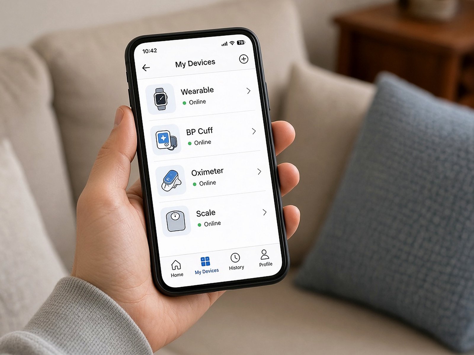 Patient using the monitoring app at home with wearable devices