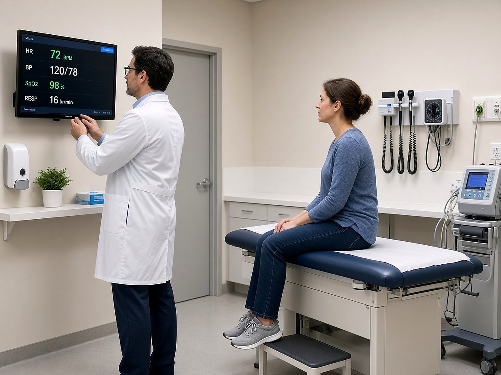 Outpatient clinic exam room with clinician and patient