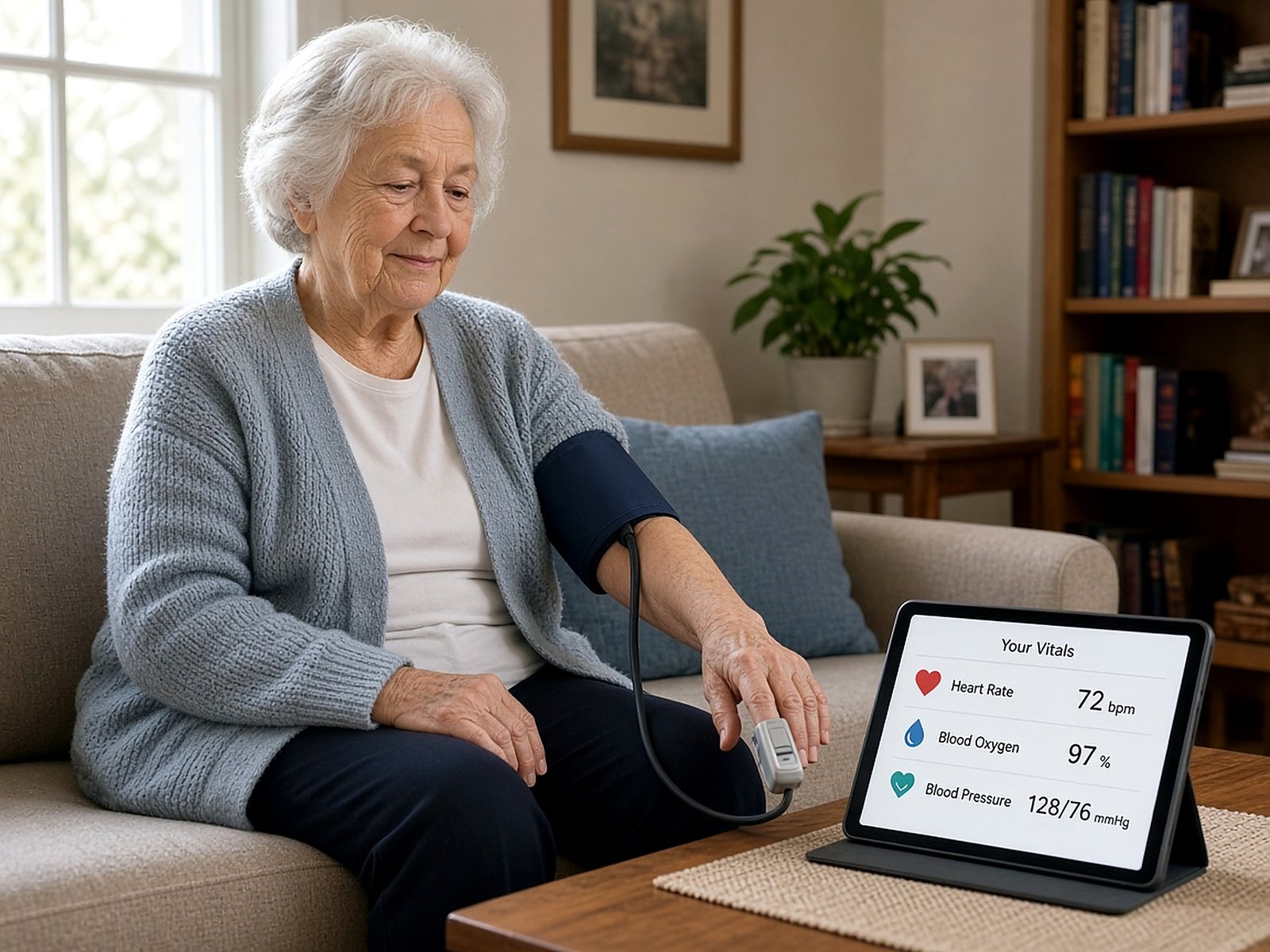 Patient at home using a blood pressure cuff and pulse oximeter