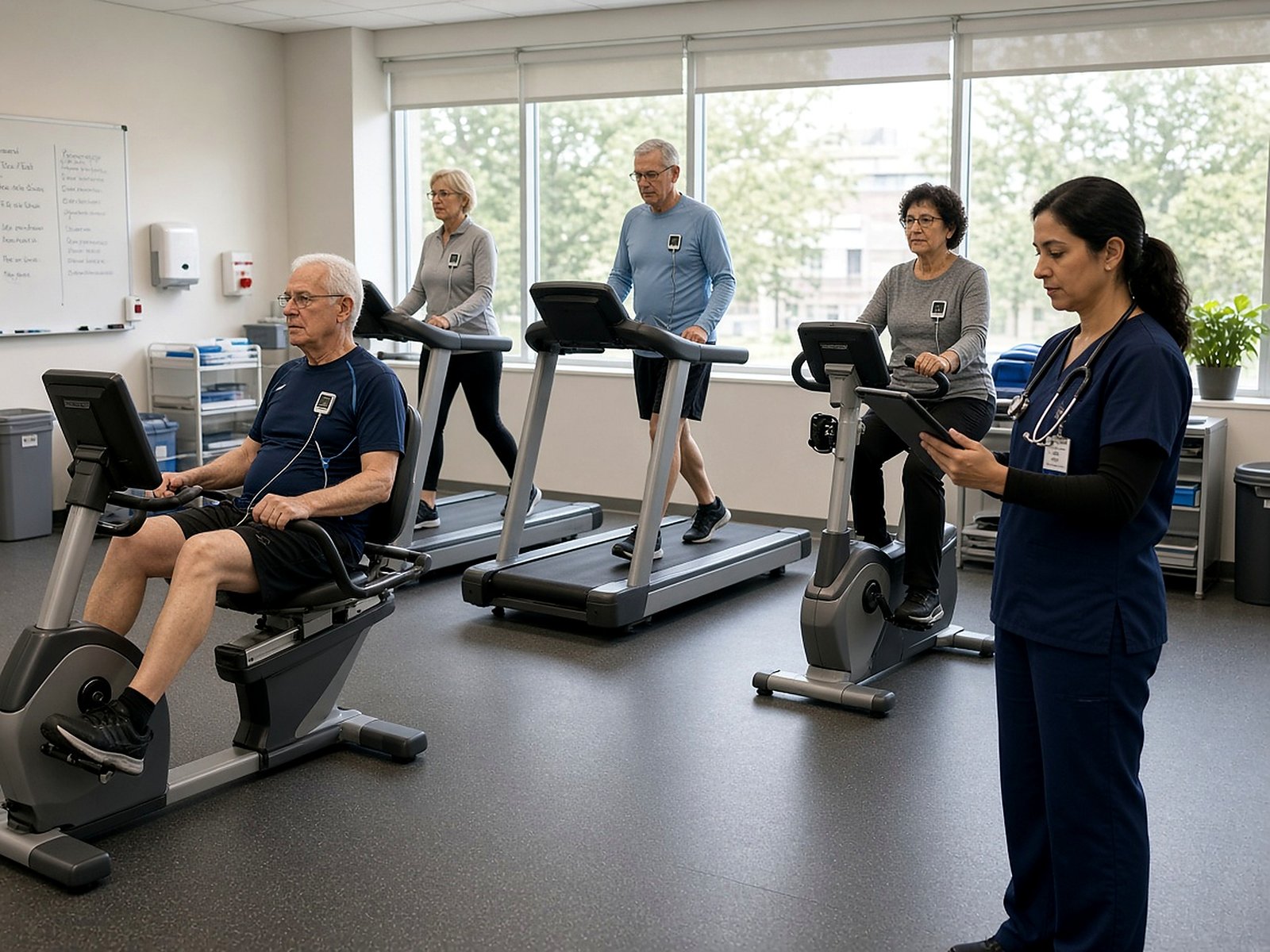 Cardiac rehab gym with patients on treadmills wearing heart-rate monitors