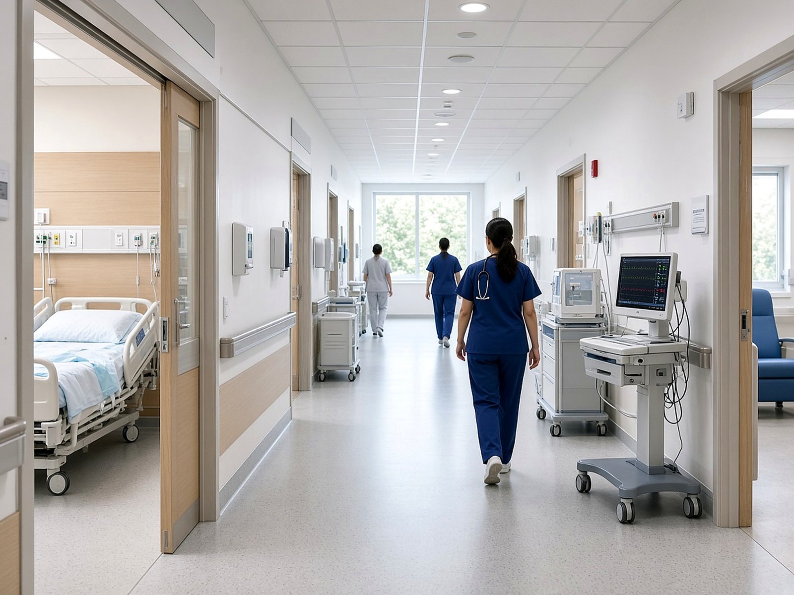 Hospital ward with staff and patient rooms