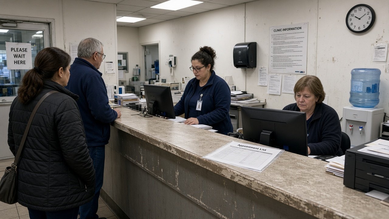 Busy clinic reception desk with staff checking in patients