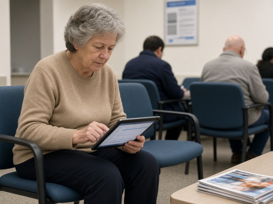 Patient completing tablet check-in in a clinic waiting room