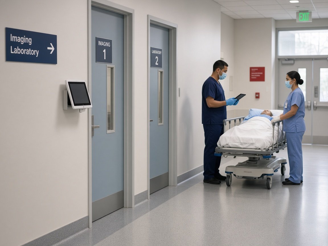 Staff coordinating a patient across hospital departments